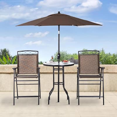 4PCS Patio Dining Set, Folding Chairs, Umbrella, Glass Table Outdoor