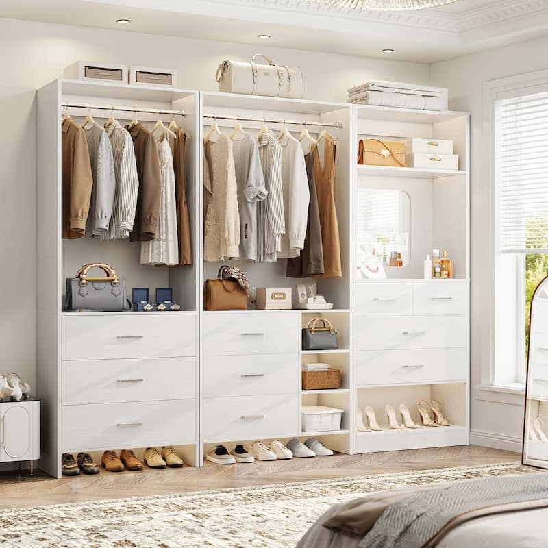Cimly Set of 3 Closet Organizers with Drawers and Mirror, Freestanding Closet System with Hanging Rods - White