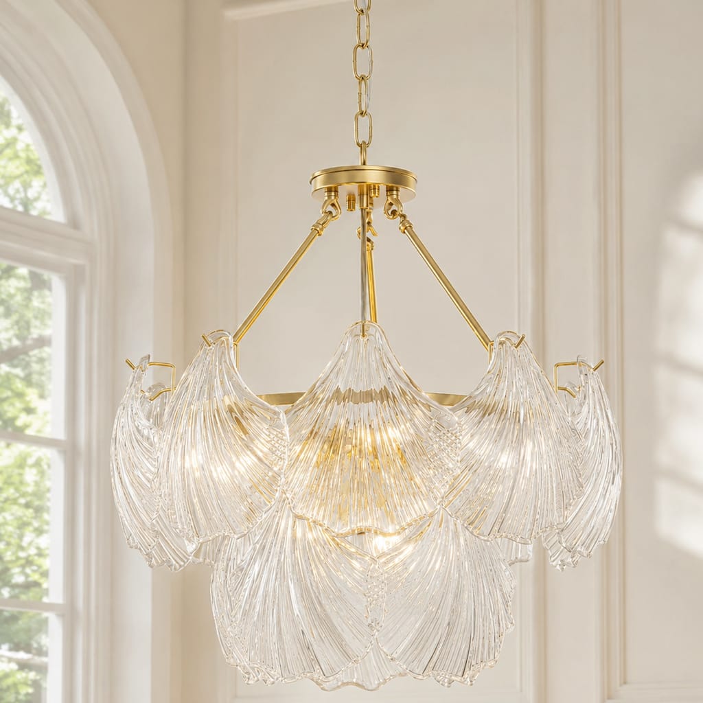 Rennnsan 9-Light Gold Clear Textured Glass 2-in-1 Flush/Chandelier for Living Room - 21.6 in. W x 21.6 in. D x 24.43 in. H