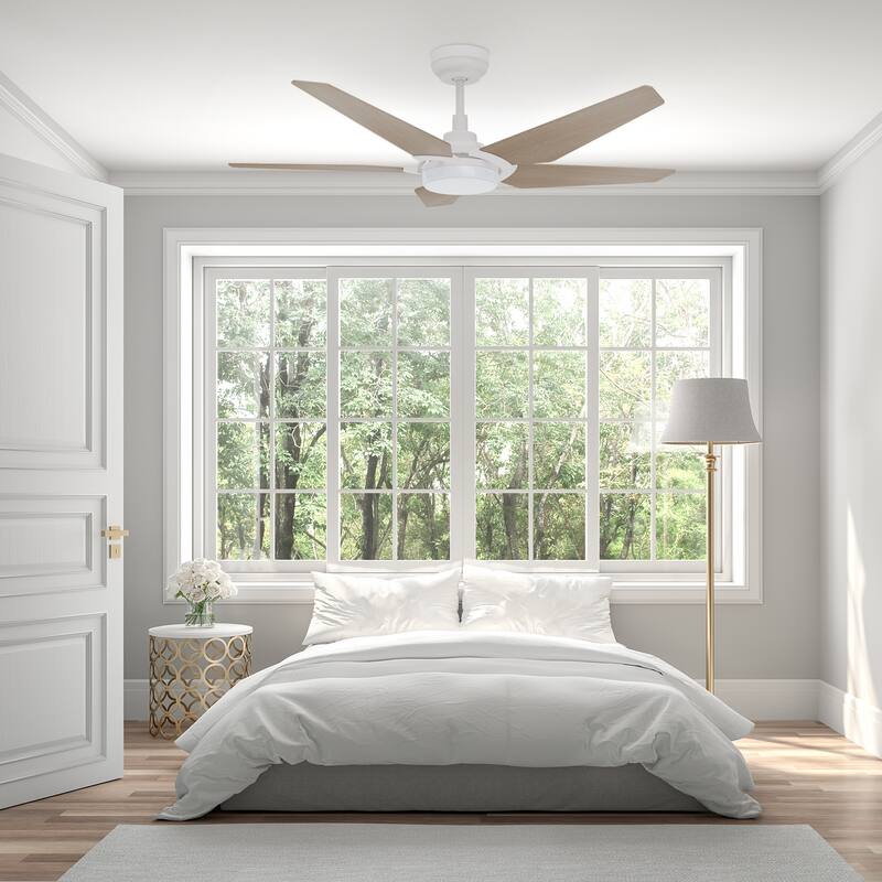 CARRO Boreas 52" Smart Ceiling Fan with Light and Remote-Downrod - white/light wood
