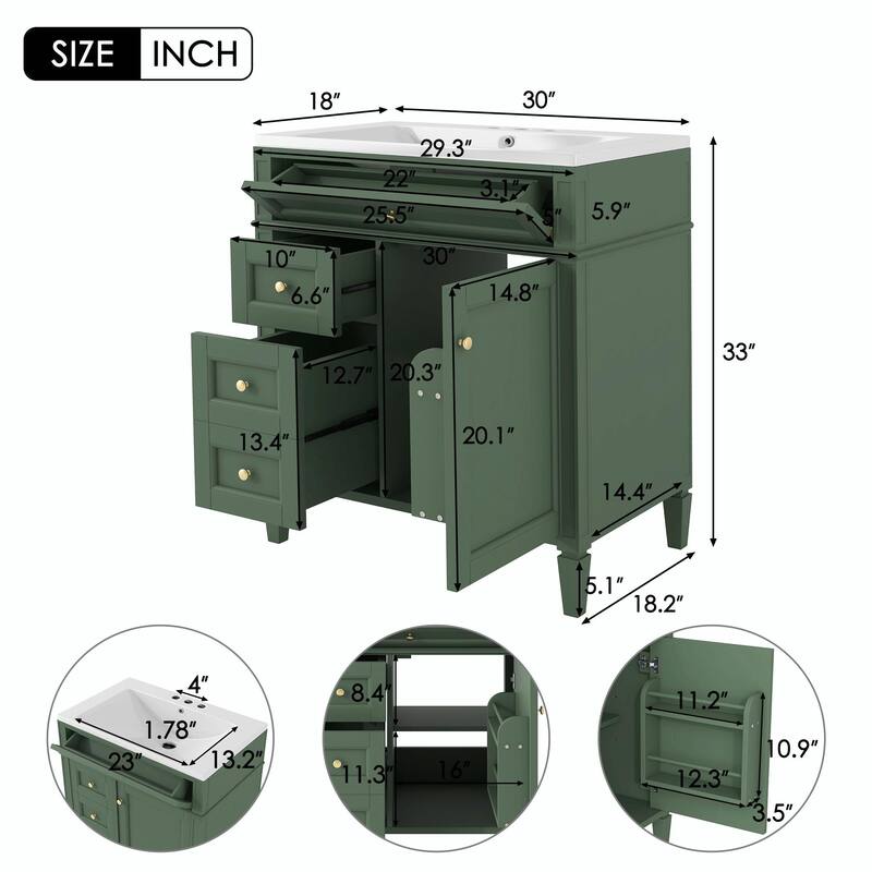 30'' Modern Bathroom Vanity with Top Sink, 2 Drawers and Tip-out Drawer