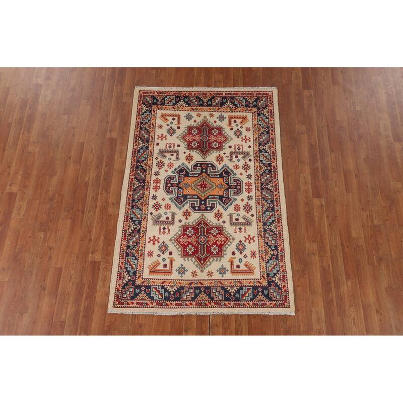 Kazak Area Rug Hand-Knotted Oriental Wool Carpet - 3'11" x 6'0"