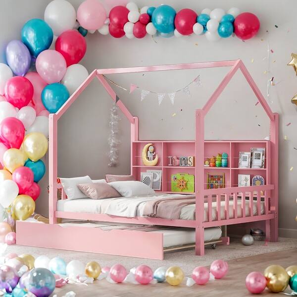 slide 2 of 13, Full Size Wooden House Bed Kids Bed with Trundle and Shelf Pink
