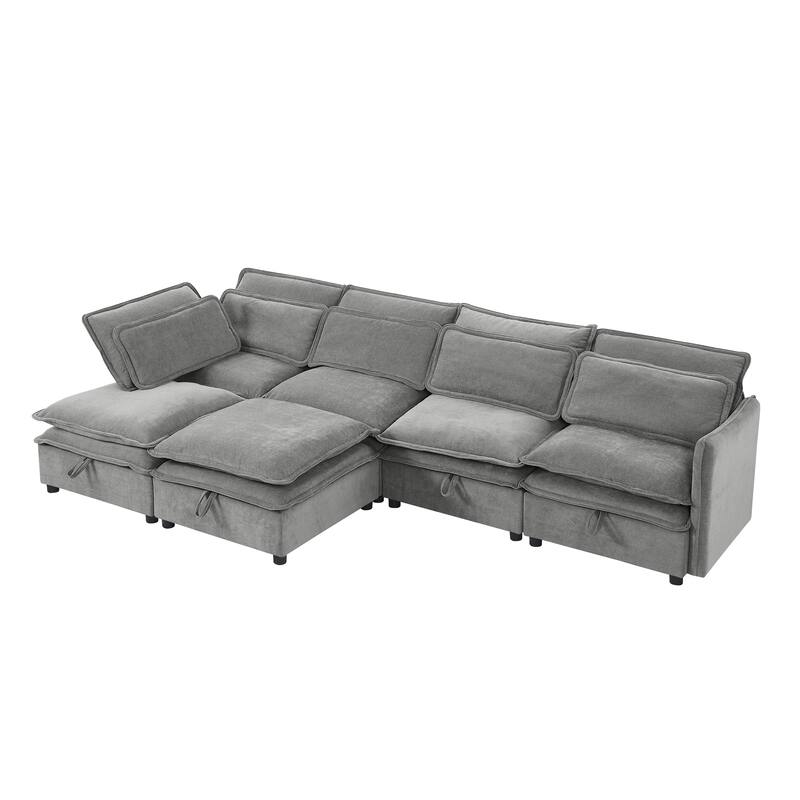 Modern Large U-Shaped Modular Sofa with Movable Storage Ottoman,. Upholstered Deep Seat Sofa with Double-Layer Cushion