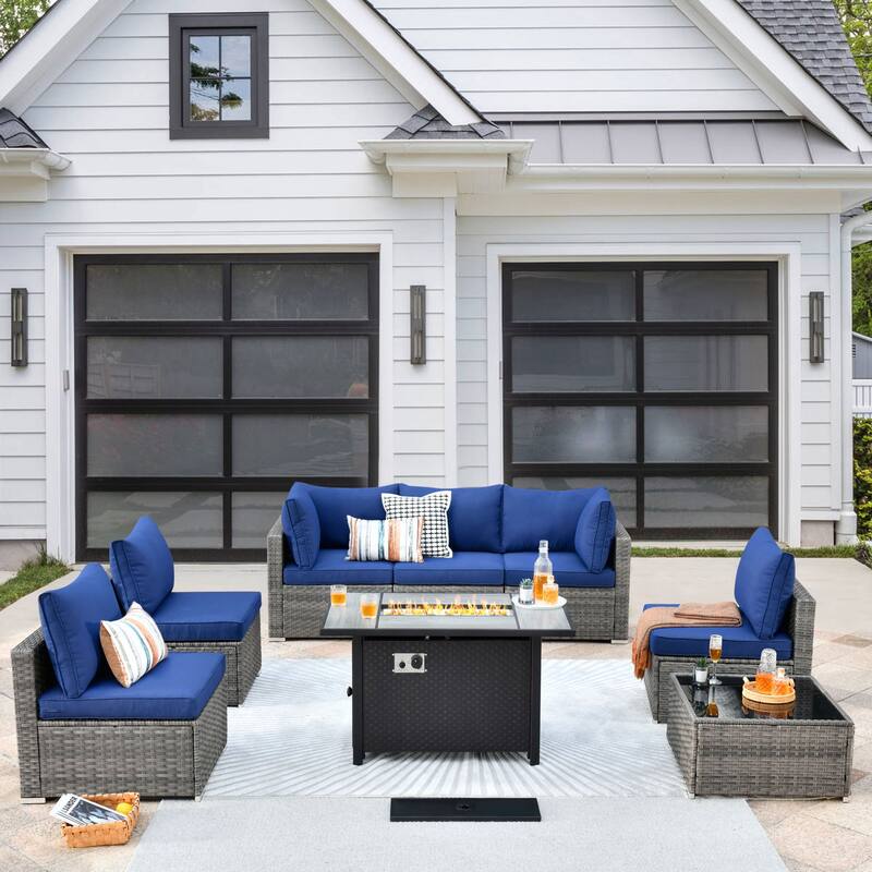 XIZZI 8-piece Patio Wicker Furniture Sectional Set with Firepit - Navy Blue