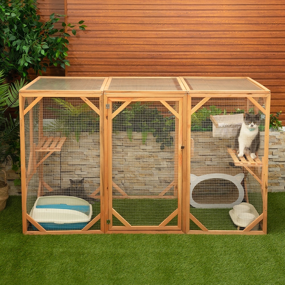 Large Cat Cage, Wooden Cat Catio Enclosure with Solar Flat Roof