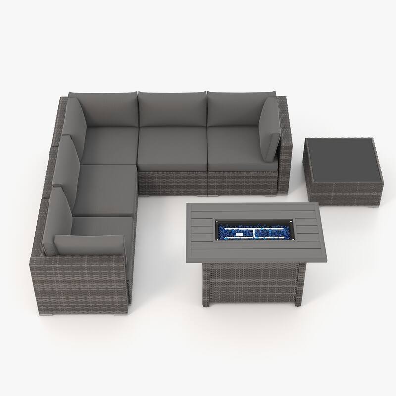 7 Piece Wicker Set Patio Sofa Furniture with Fire Pit And Table