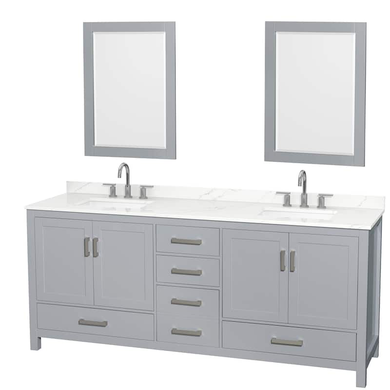 Sheffield 80-inch Double Vanity, 3 Hole Quartz Top, 24-inch Mirrors - Gray, Chrome Trim, Giotto Quartz Top