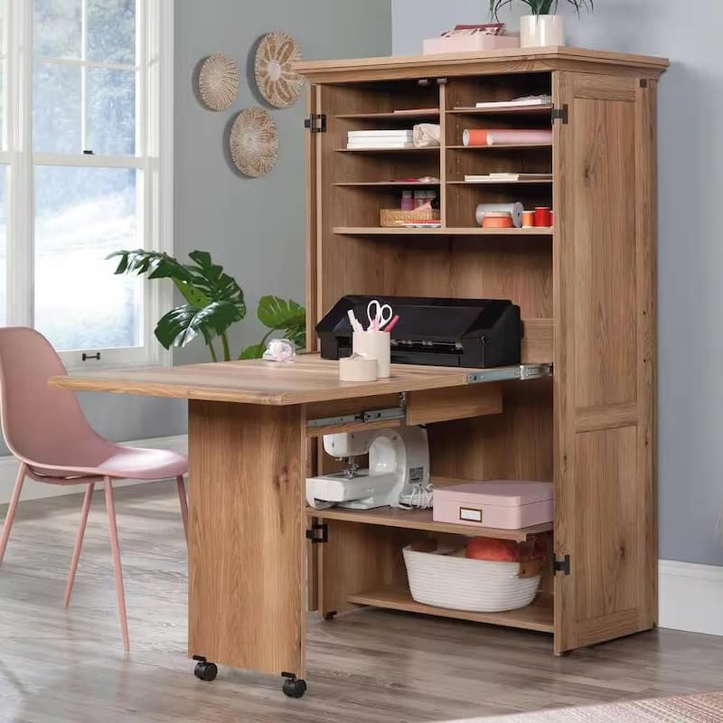 Space-Saving Craft Armoire with Drop Leaf Desk and Adjustable Storage Shelves Power Strip