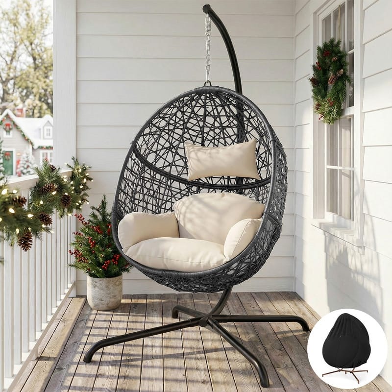 Oversized Egg Chair with Stand, 450 lbs Heavy-Duty Outdoor/Indoor Wicker Hanging Basket Chair - Beige/Cover