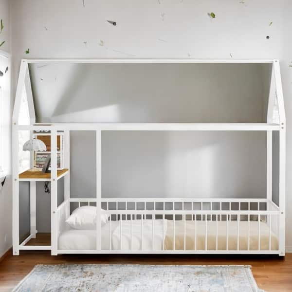 slide 2 of 18, White Twin Size Metal Bed Frame with Desk, House Bed with Shelves and USB Ports White