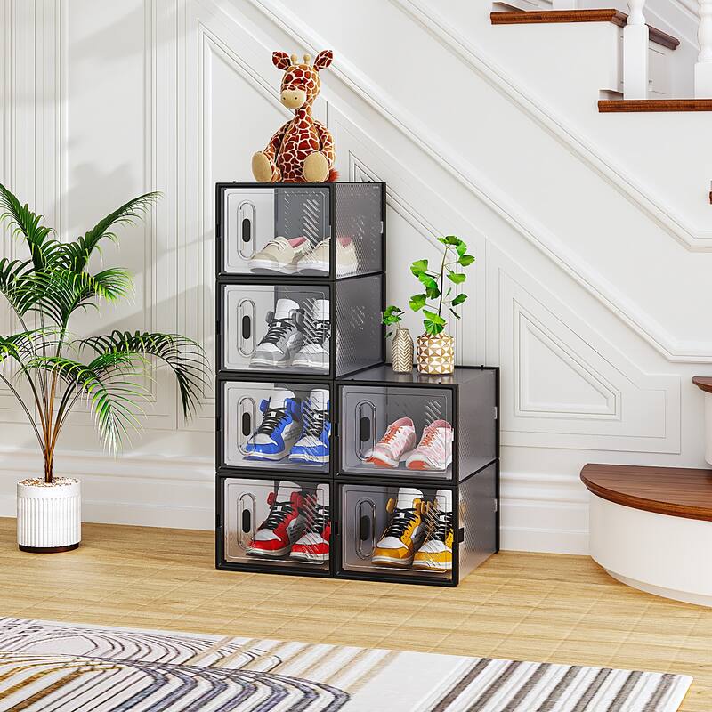 6-Piece Medium Black Plastic Mesh Shoe Box Set - 33x23x14cm, Modular Design for Home Storage - N/A