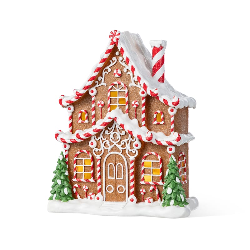 Glitzhome Lighted Christmas Gingerbread House Resin Village Xmas Table Decor Collectible Figurines