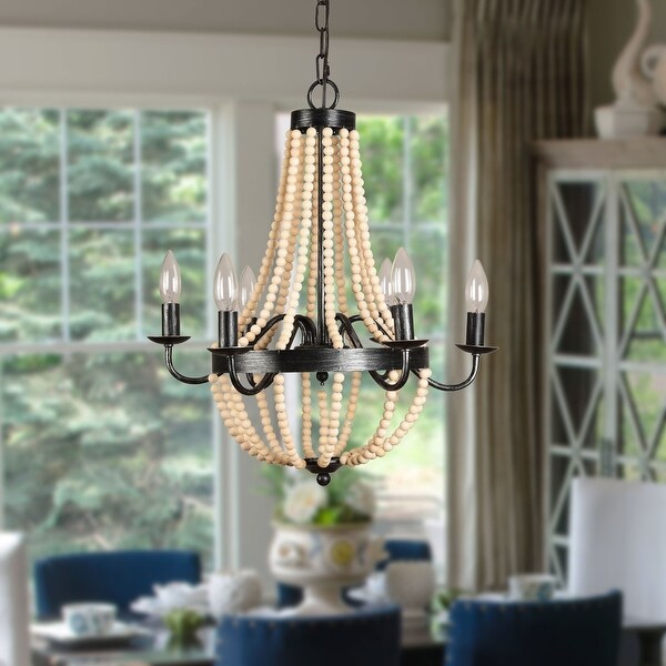 Modern Black/Rustic 6-Light Wood Bead Chandelier. Opens flyout.