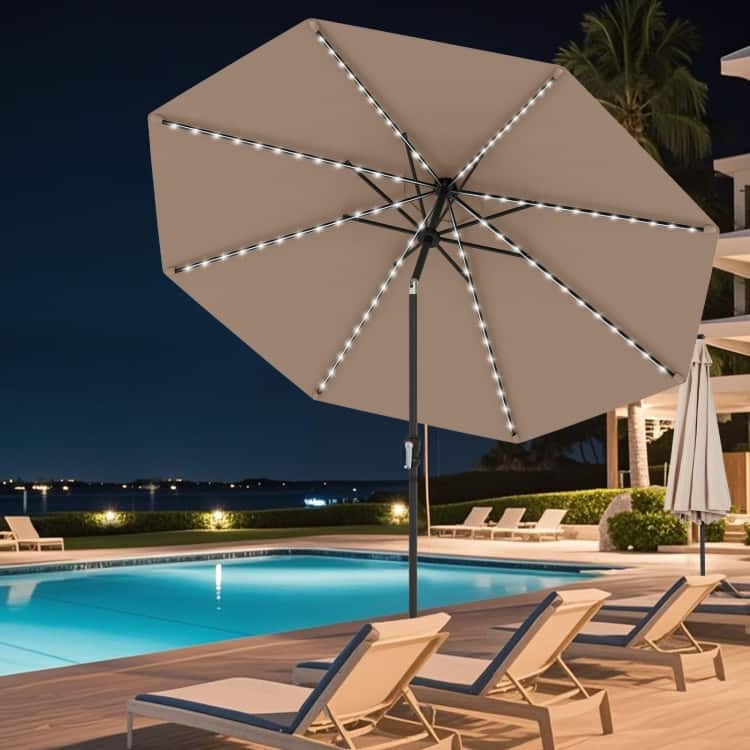 Polyester Metal Solar Patio Umbrella with LED Lights