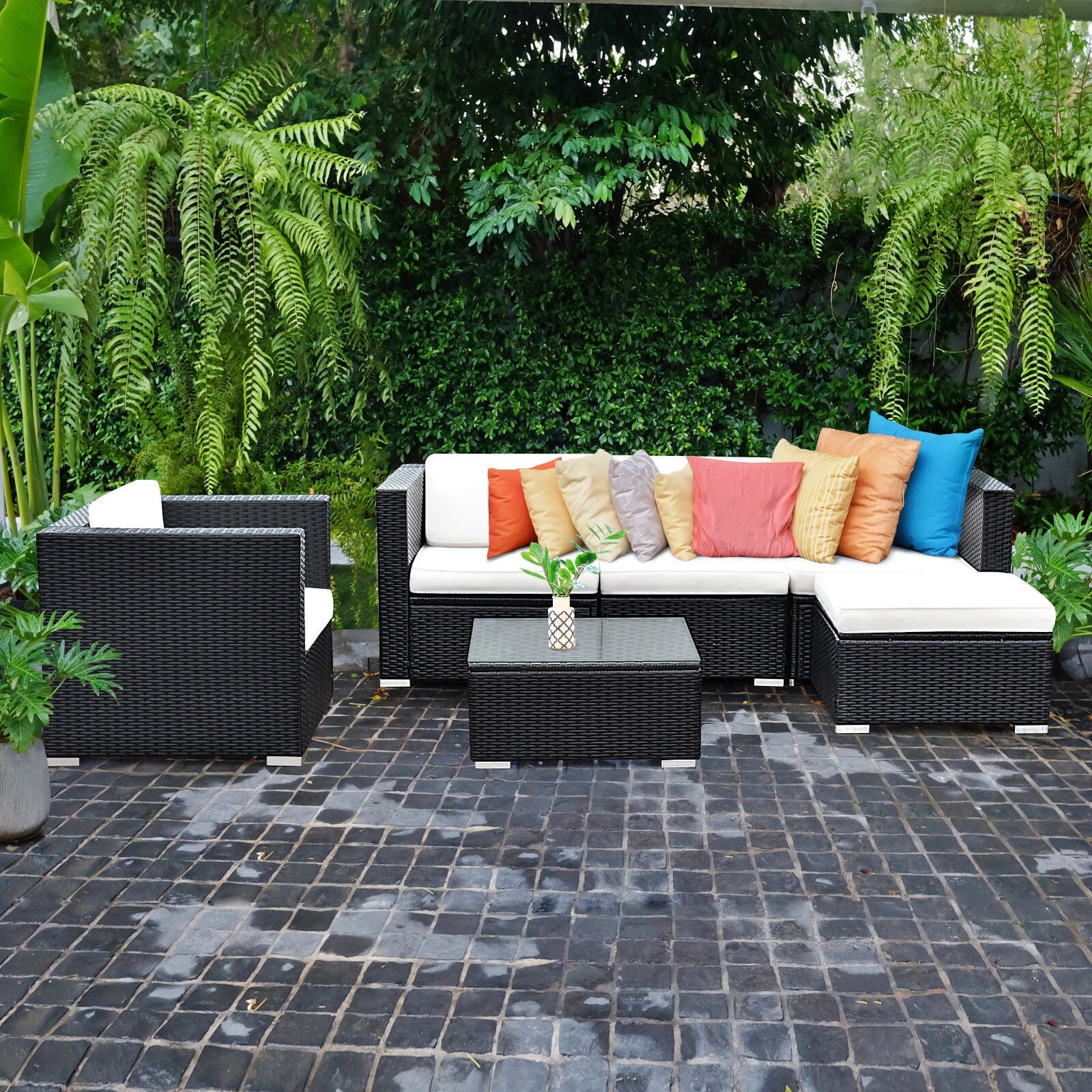 Costway 6 Pc Patio Rattan Furniture Set Sectional Cushioned Costway 6 Pc Patio Rattan Furniture Set