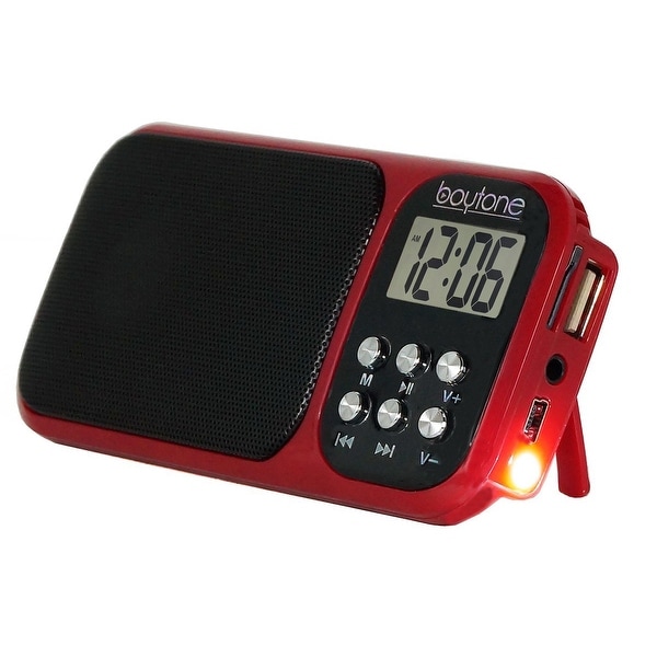 Boytone BT-92R FM Clock Radio Alarm, Built-in Speaker, Rechargeable Batteries, Headphone, LCD Tuning /USB, SD slot, AUX, Light
