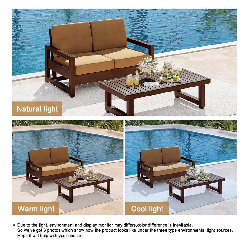 Teak Loveseat Patio Set with Cushions and Table (2-Piece)