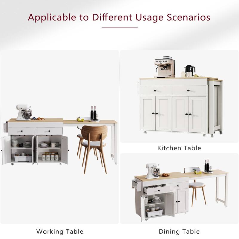 74.5″ Rolling Kitchen Island Cart with Extendable Table, Spice Rack & 2 Drawers