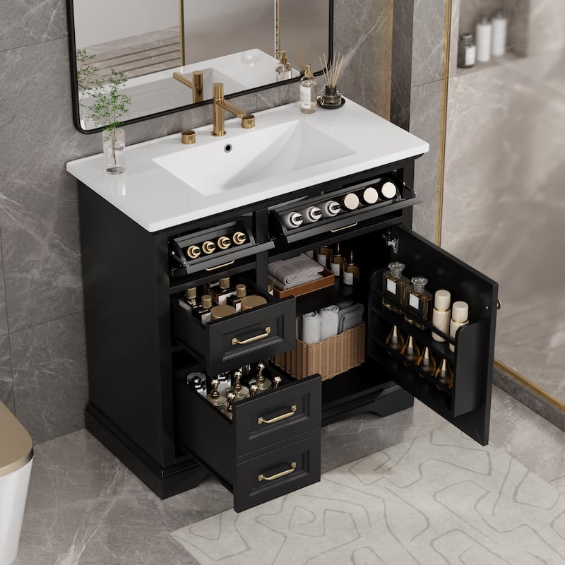 36 Inch Bathroom Vanity Ceramic Sink 4 Drawers Soft Close Door Metal Handles 8 Inch Faucet White - Black