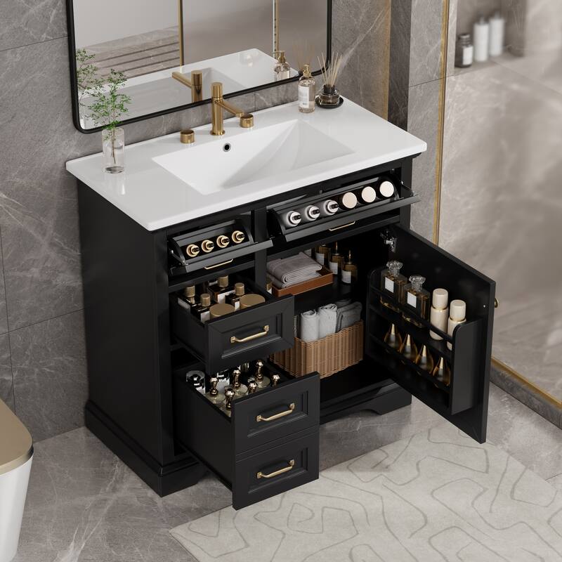 Roomfitters 36" Bathroom Vanity with Sink, Solid Wood Frame, 4 Drawers & Soft-Close Door with Built-in Racks, Black
