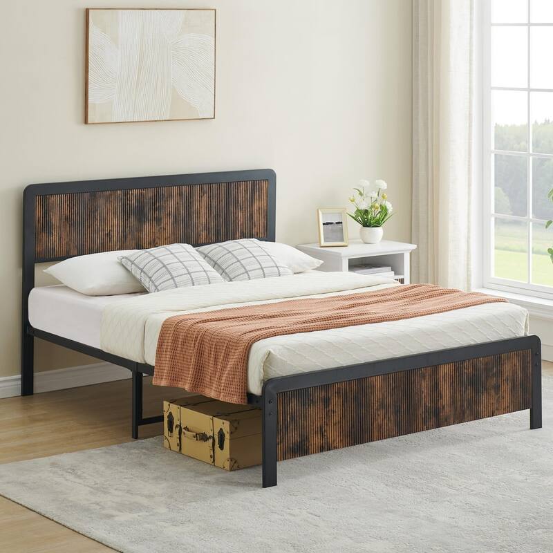 Bed Frame with Wave Wood Headboard