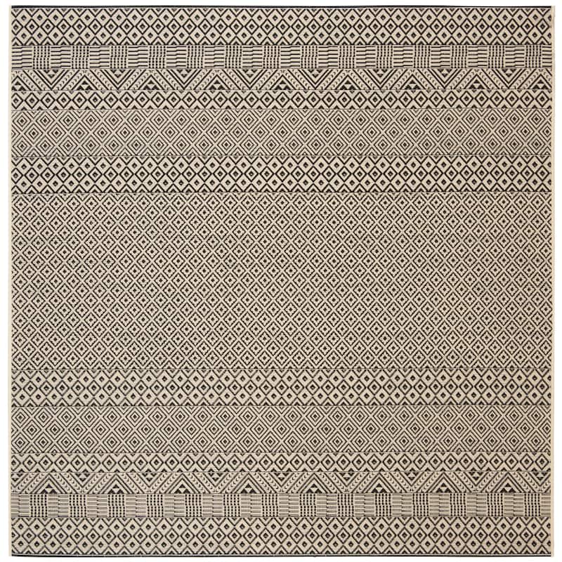 SAFAVIEH Courtyard Velia Indoor/ Outdoor Waterproof Patio Backyard Rug - 4' x 4' Square - Beige/Black