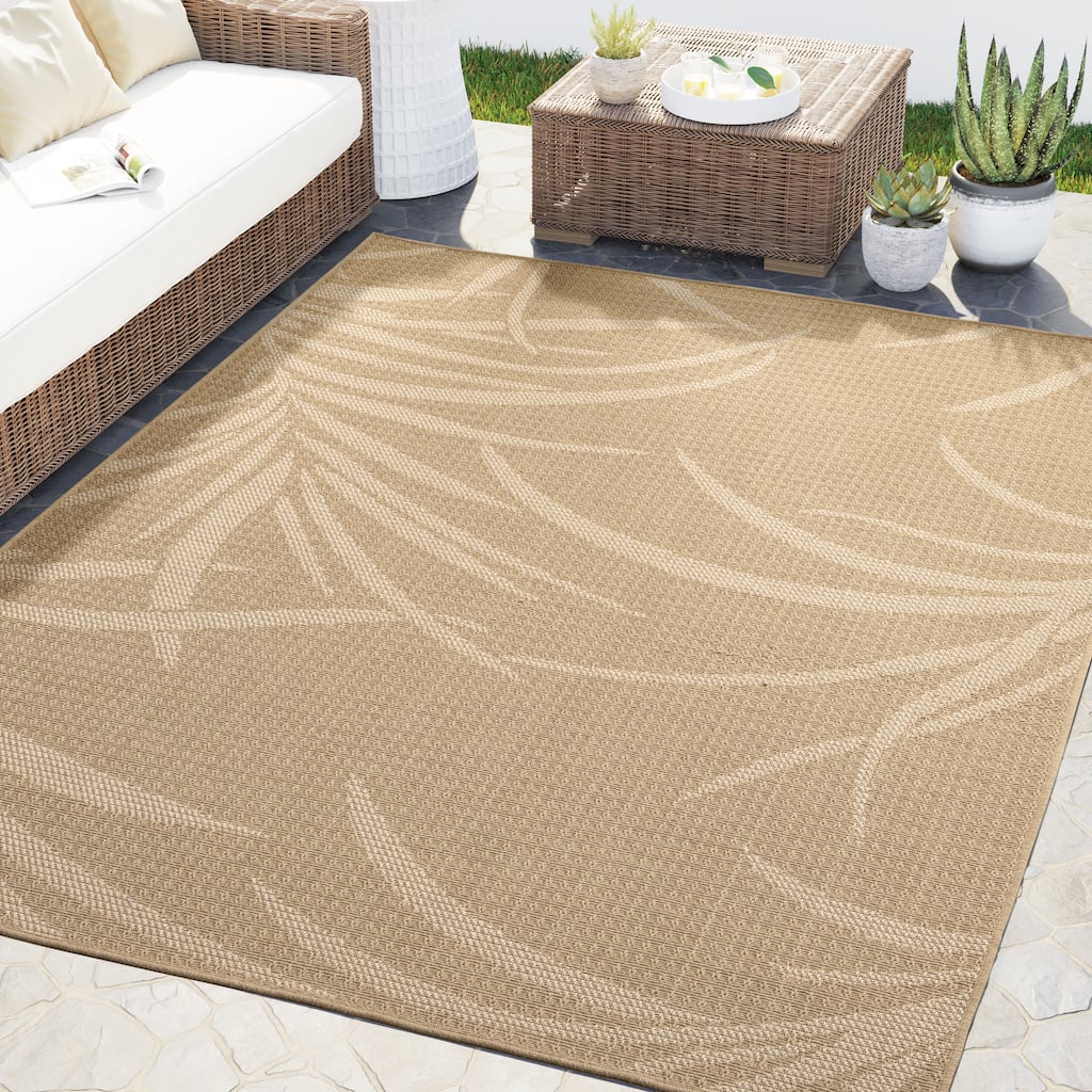 Abani Rugs Patio PAT120A Outdoor Tropical Leaf Cream Beige Area Rug