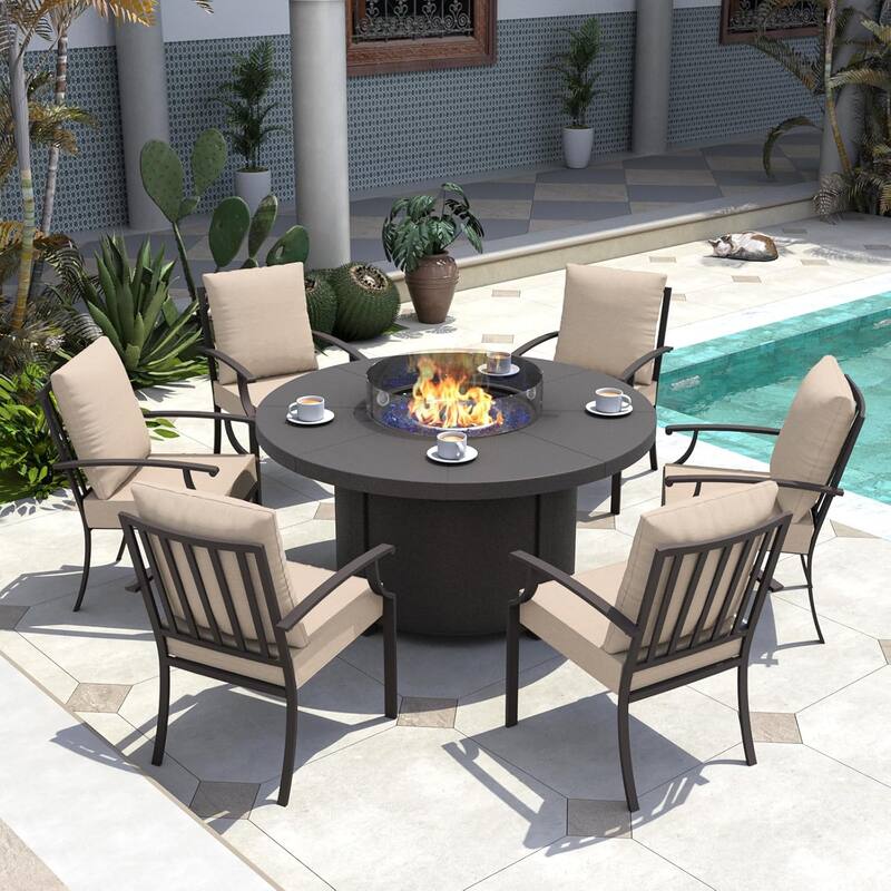 Metal 7 Piece Outdoor Dining Set with Round Fire Pit - 6Chairs + RoundFirepit - Khaki