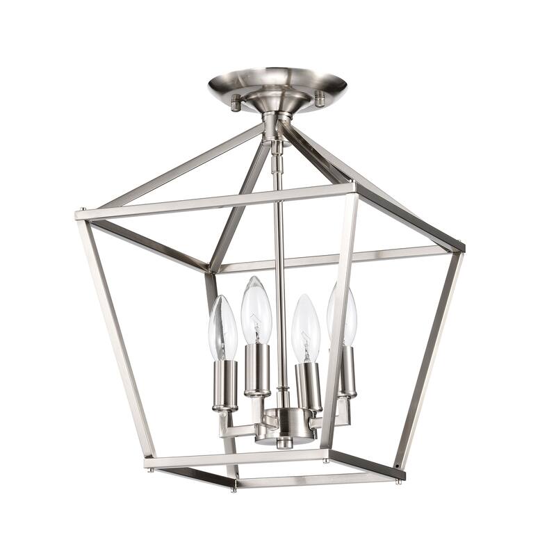 Brushed Nickel 4-Light 12 in. Cage Lantern Farmhouse Semi-flush Mount - Brushed Nickel