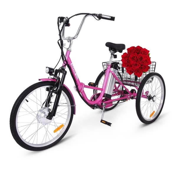 slide 2 of 7, Electric Tricycle, 7 Speeds/36V 10Ah/Large Basket Rose Red - 24In