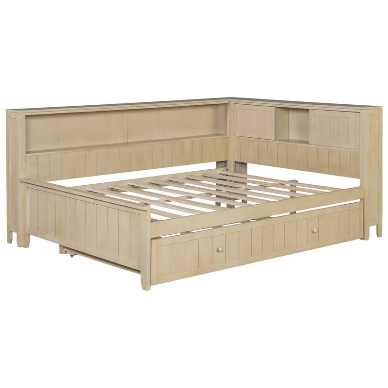 Full Size Wood Daybed with Storage Shelves and Twin Size Trundle, Antique White Milk