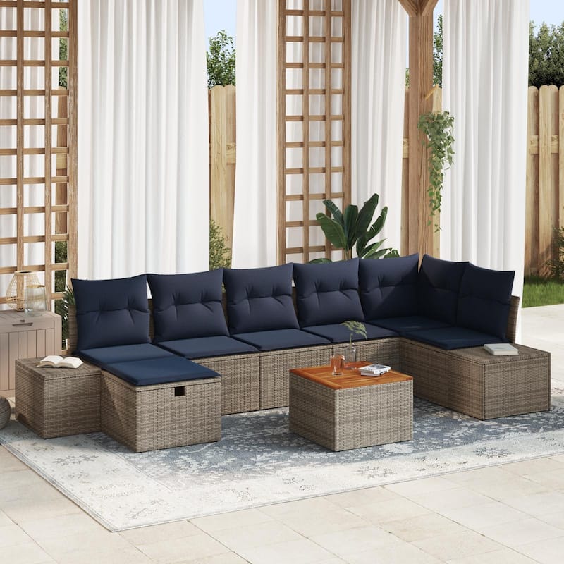 vidaXL 8 Garden Sofa Set with Cushions Black/Grey Poly Rattan - 125.6 x 60.6 x 27.2 - Grey