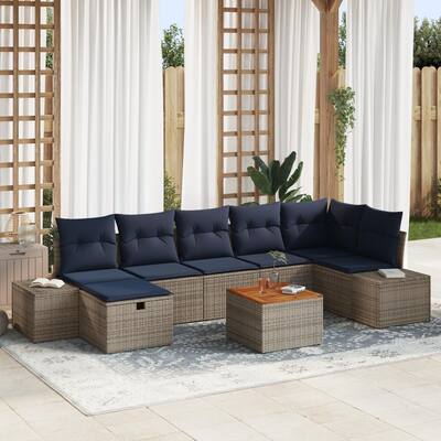 vidaXL 8 Garden Sofa Set with Cushions Black/Grey Poly Rattan - 125.6 x 60.6 x 27.2