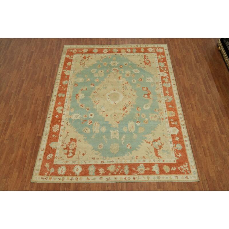 Vegetable Dye Wool Oushak Turkish Area Rug, Floral Geometric Carpet - 11' 11'' X 9' 0''