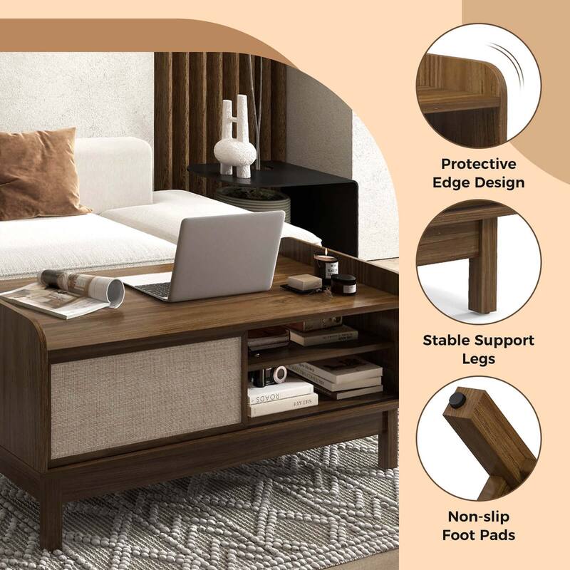 Costway Rectangular Coffee Table with Storage Weaving Sliding Door & - See Details