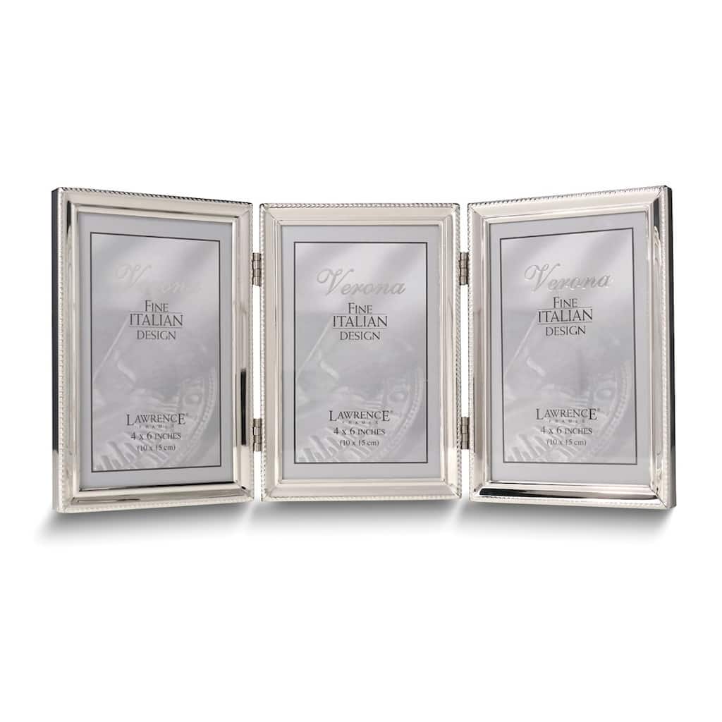 Curata Polished Silver-Plated 4x6 Portrait Hinged Triple Frame - Bead Border Design