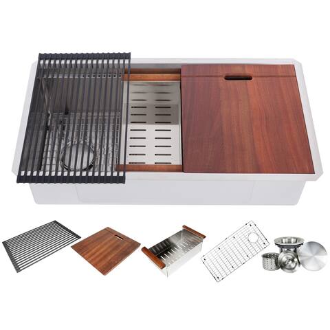 36 Inch Workstation Undermount 16 Gauge Single Bowl Stainless Steel Kitchen Sink w/ Integrated Ledge, 15mm Radius Accessories