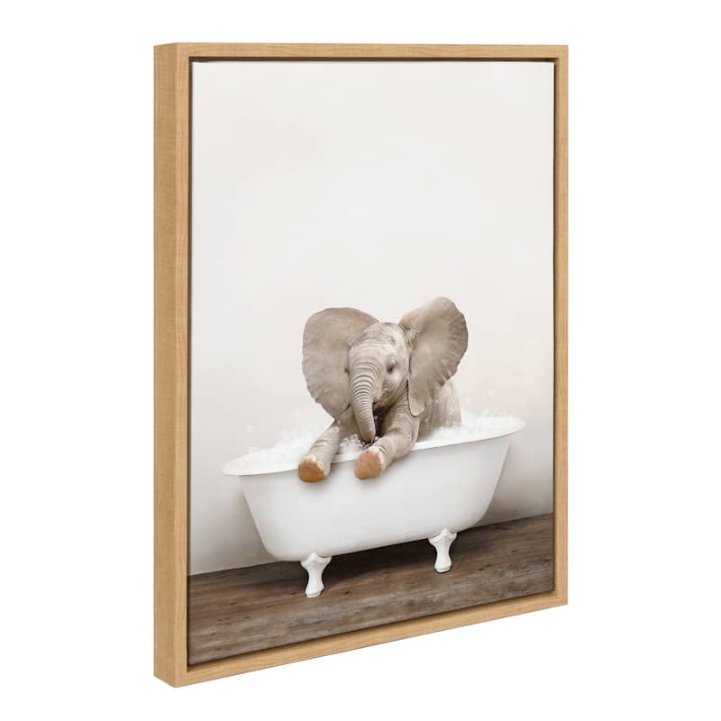 Kate and Laurel Baby Elephant Bath Framed Canvas by Amy Peterson - Natural