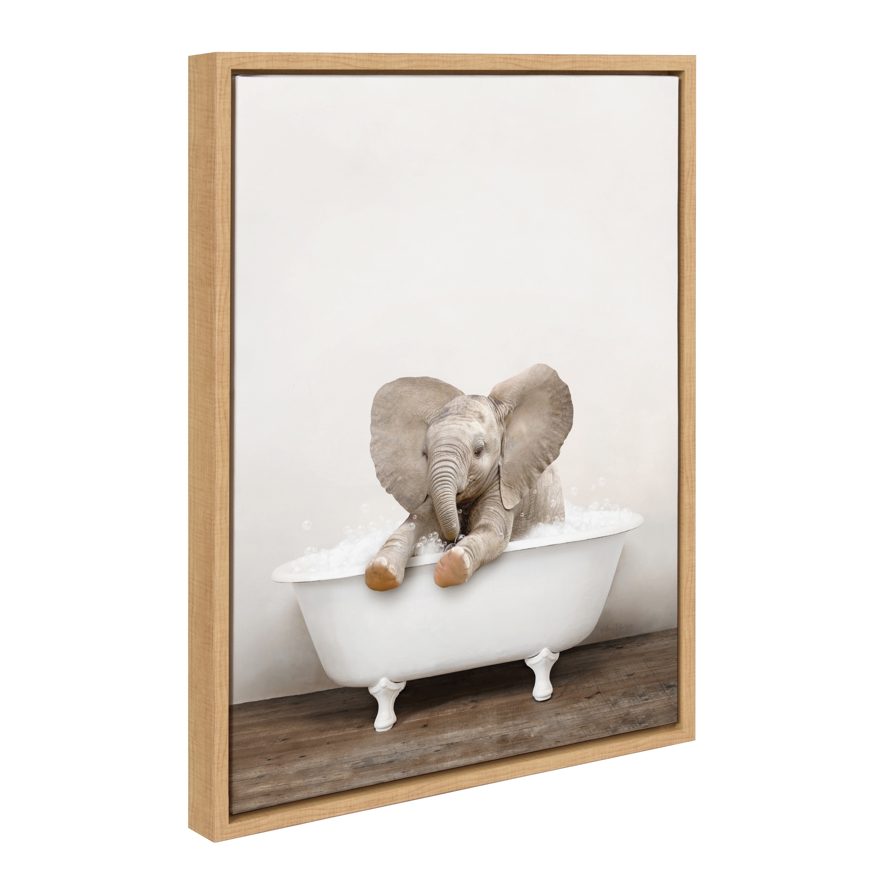 Kate and Laurel Sylvie Baby Elephant No 6 in Rustic Bath Framed Canvas by Amy Peterson Art Studio