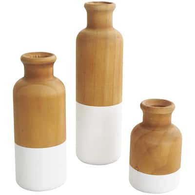 Wood Colorblock Decorative Vase with White or Black Bases - Set of 3 Brown - Roche River Decor