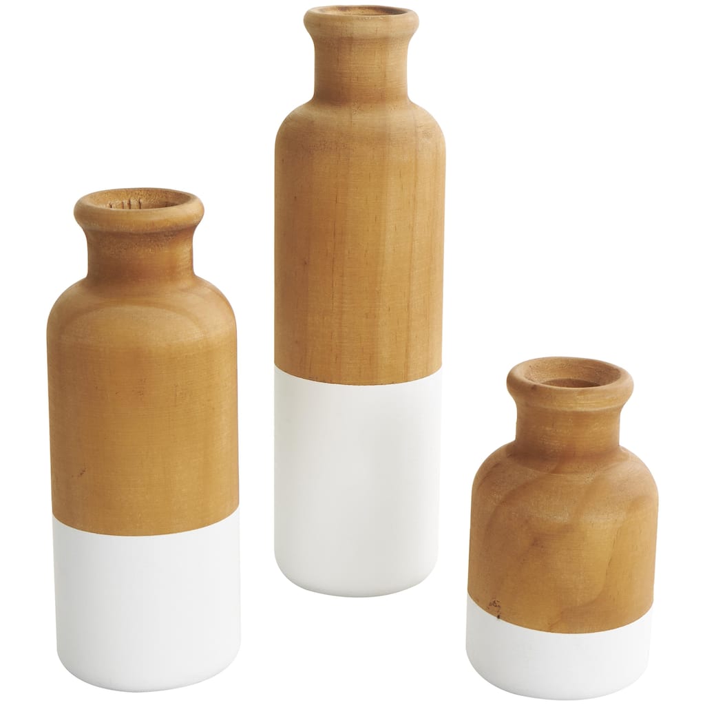 Wood Colorblock Decorative Vase with White or Black Bases - Set of 3 Brown - Roche River Decor