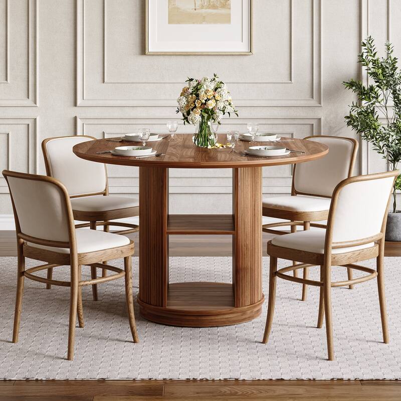 47-Inch Round Dining Table for 4-6, Kitchen Table with 2-Layer Shelf Cylindrical Pedestal