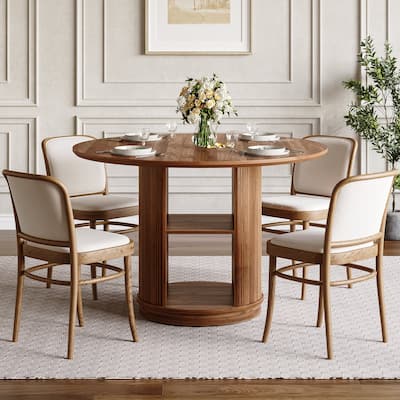 47 Inches Round Dining Table, Farmhouse Kitchen Dinner Table with 2 Layers Shelf