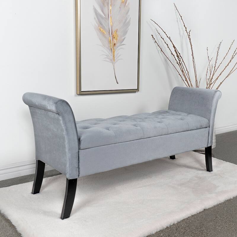 Velvet Upholstered Rolled Arms Storage Bench