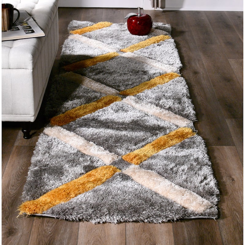 Mateos Shag Collection Grey/Gold Geometric Area Rug - 2'3'' X 8'
