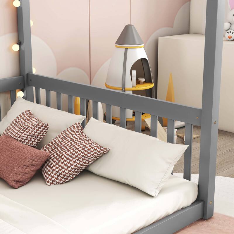 Full Size Canopy Frame Floor Bed with Fence, Guardrails,Natural