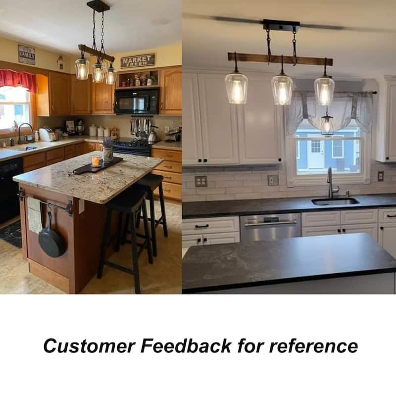 Zarbel Modern Farmhouse Glass Linear Chandelier Rustic 3-Light Black Metal Small Kitchen Island Lights - L25"x W 5"x H 76"