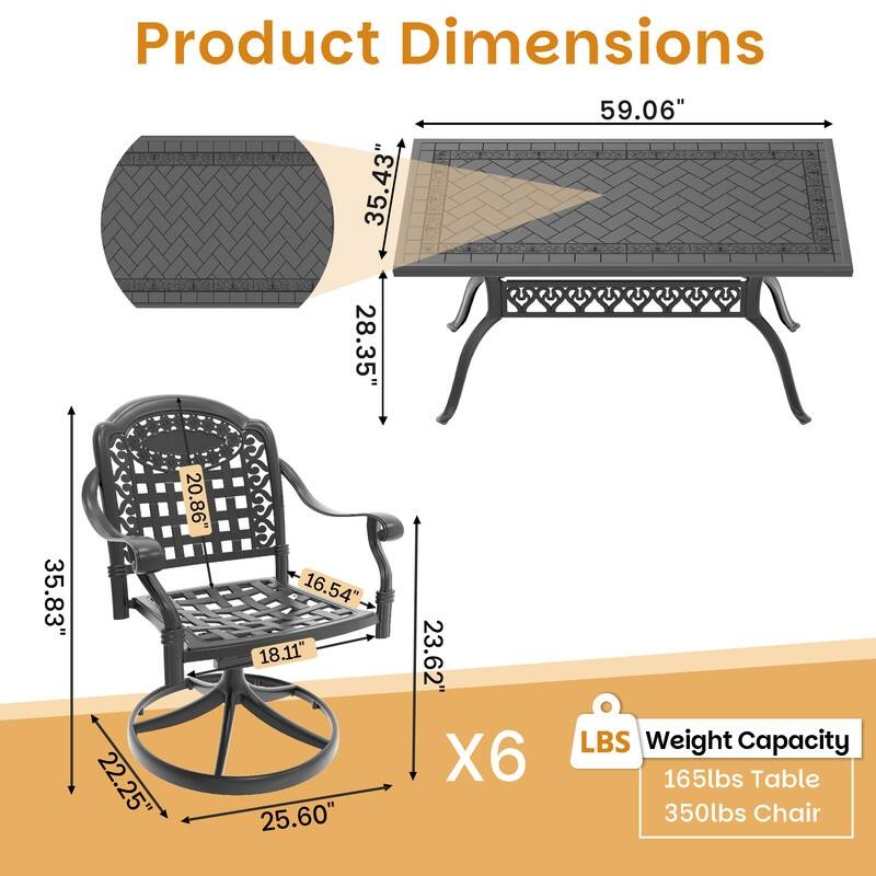 7-Piece Aluminum Rectangular Outdoor Patio Dining Set, 6 Cushioned Swivel Chairs, Table, All-Weather Frames