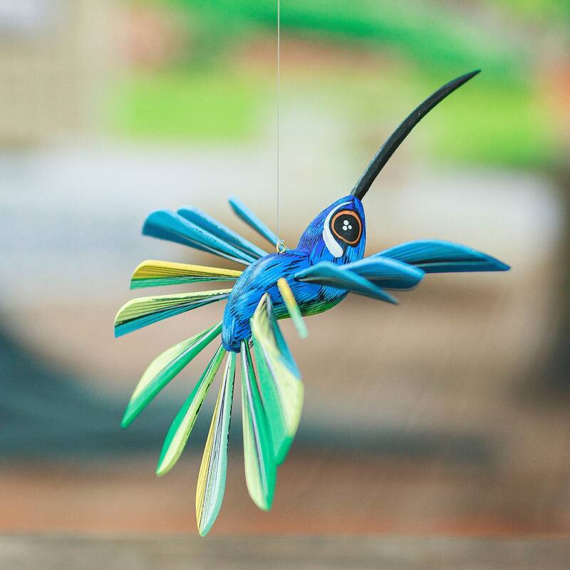 Novica Handmade Cheerful Hummingbird Wood Hanging Alebrije Sculpture